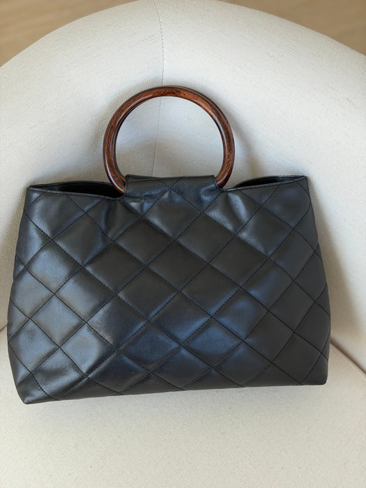 Chanel Quilted CC Mark Wooden Handle Tote