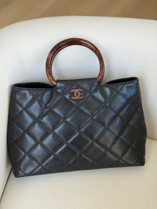 Chanel Quilted CC Mark Wooden Handle Tote