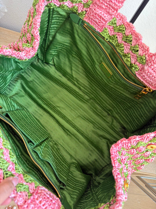 Prada Raffia Pink/Green Tote