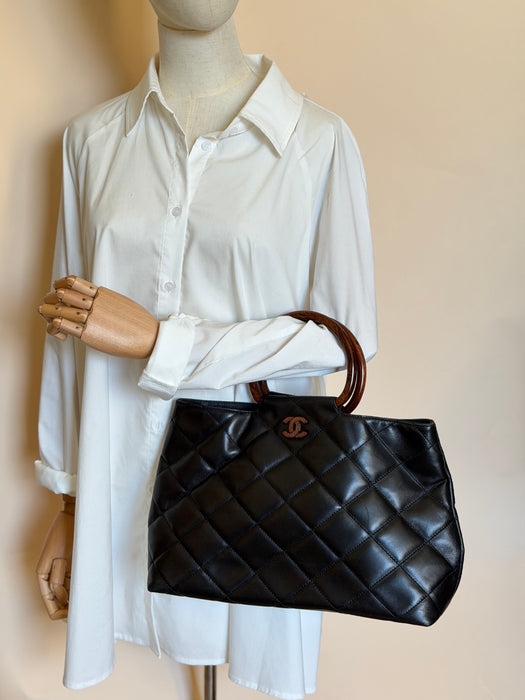 Chanel Quilted CC Mark Wooden Handle Tote