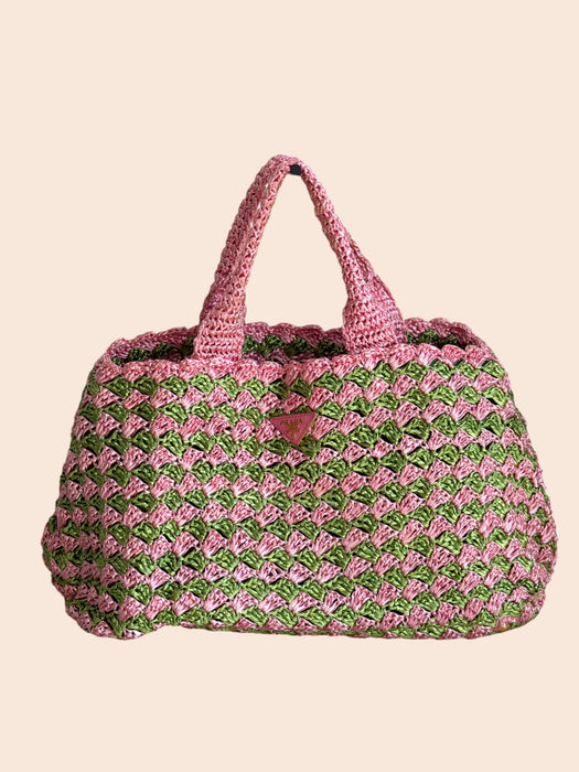 Prada Raffia Pink/Green Tote