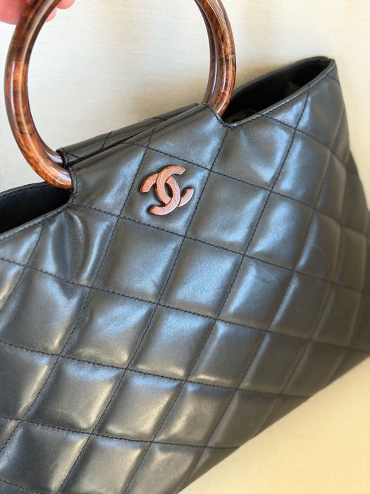 Chanel Quilted CC Mark Wooden Handle Tote