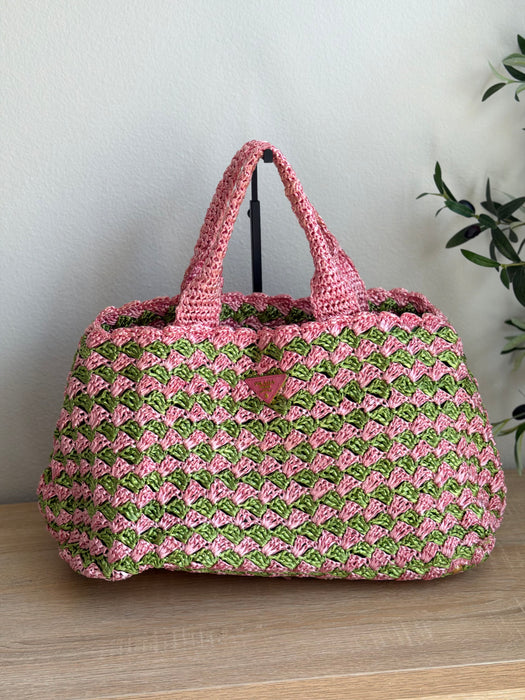 Prada Raffia Pink/Green Tote
