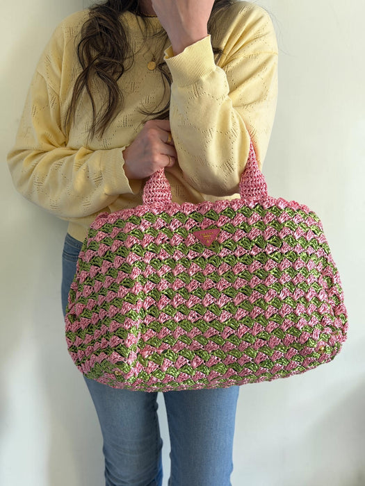 Prada Raffia Pink/Green Tote
